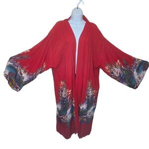 Vintage Sue Starr Hand Made Red Kimono Vibrant Peacock Pattern One Size